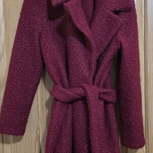 NYC Rich Burgundy Bouclé Trench Coat with Tie Belt